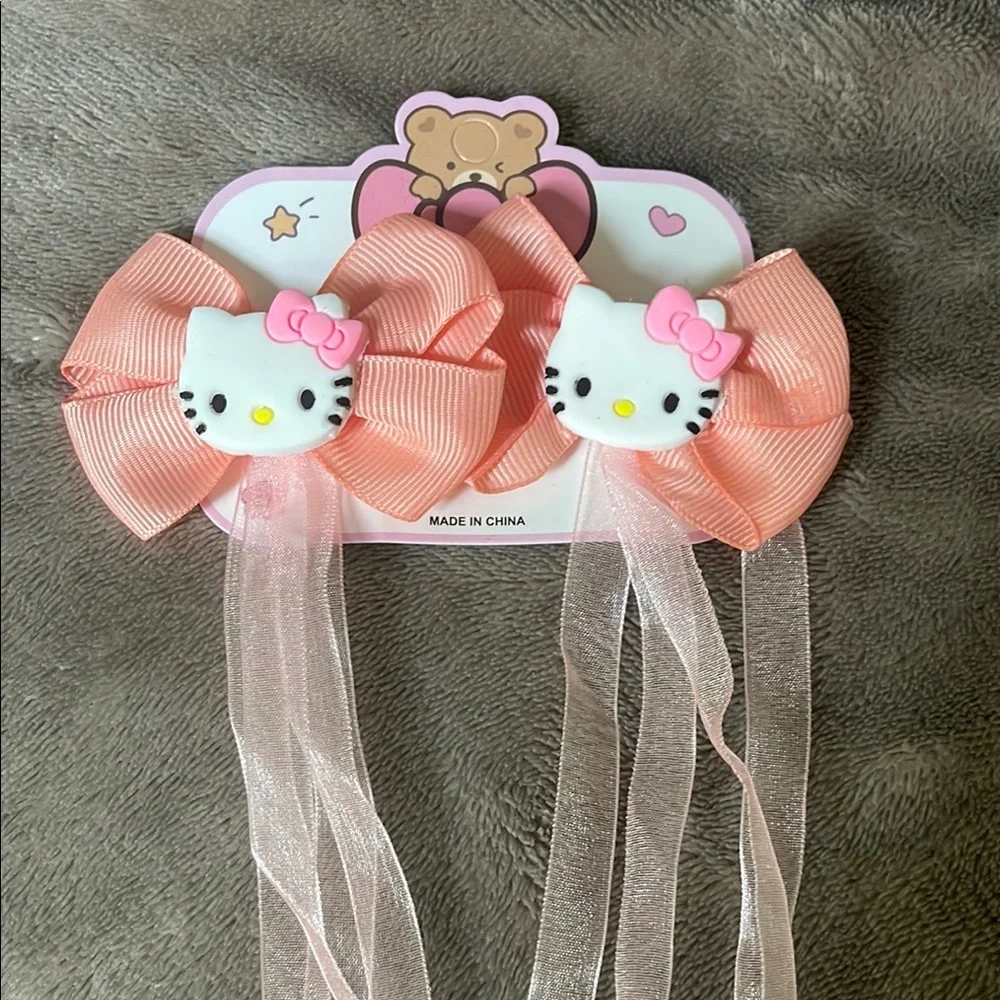 Hello Kitty Peach Hair Bows set of two with streaming ribbons NWT
